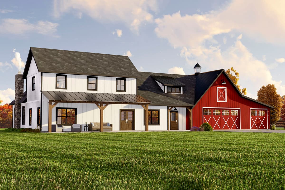 Modern Farmhouse house plan exterior: two stories, white vertical siding, black-framed windows, covered porch, and attached red barn-style garage.