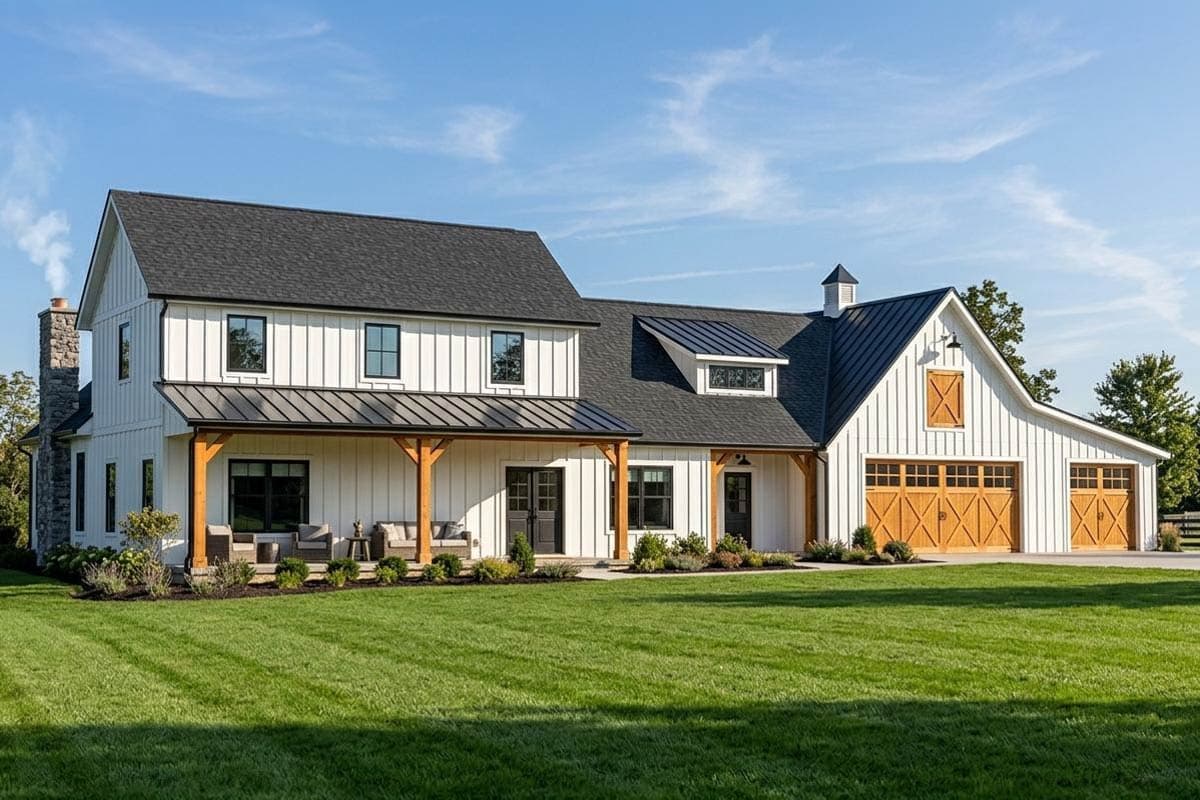 Plan 135187GRA: 2400 Square Foot Rustic 3-Bedroom Farmhouse Plan with Barn-Style Garage  - Image #1 - Barndominium, Country, Farmhouse, Modern Farmhouse, New American, Rustic, Transitional