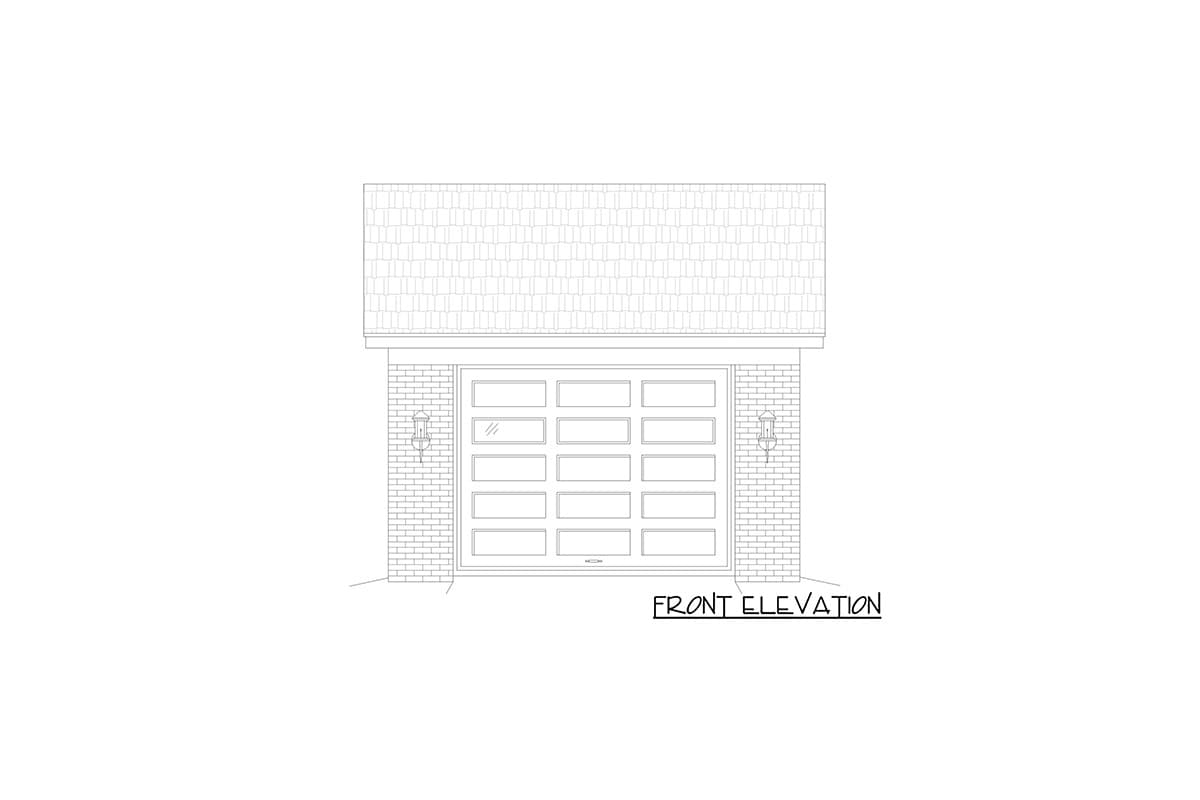 Front elevation of a garage featuring a multi-pane glass door, brick surround, and two wall sconces.
