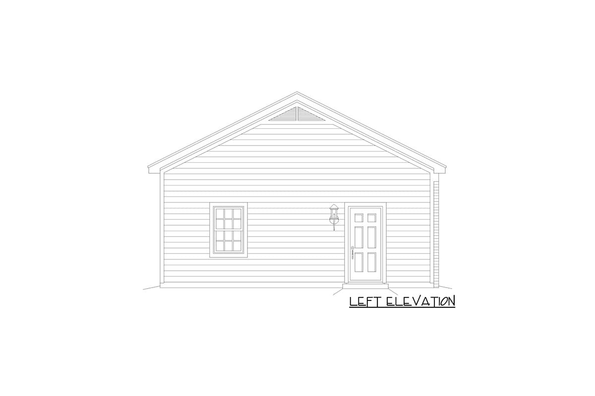 Left elevation drawing of a house plan with horizontal siding, a gable roof, one window, and a central door with a light fixture.
