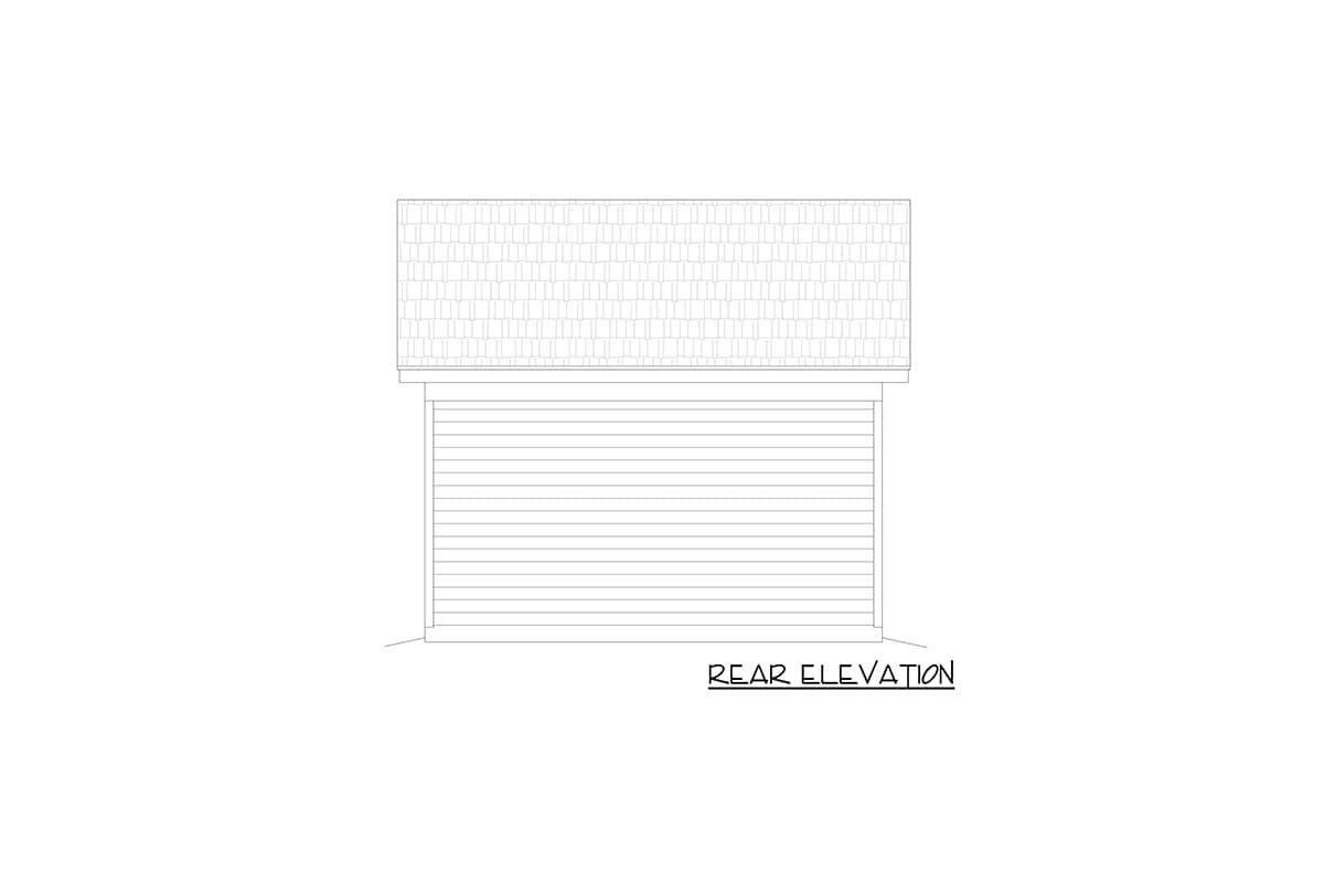 Rear elevation drawing of a house plan, showing a shingled hip roof and horizontal siding.