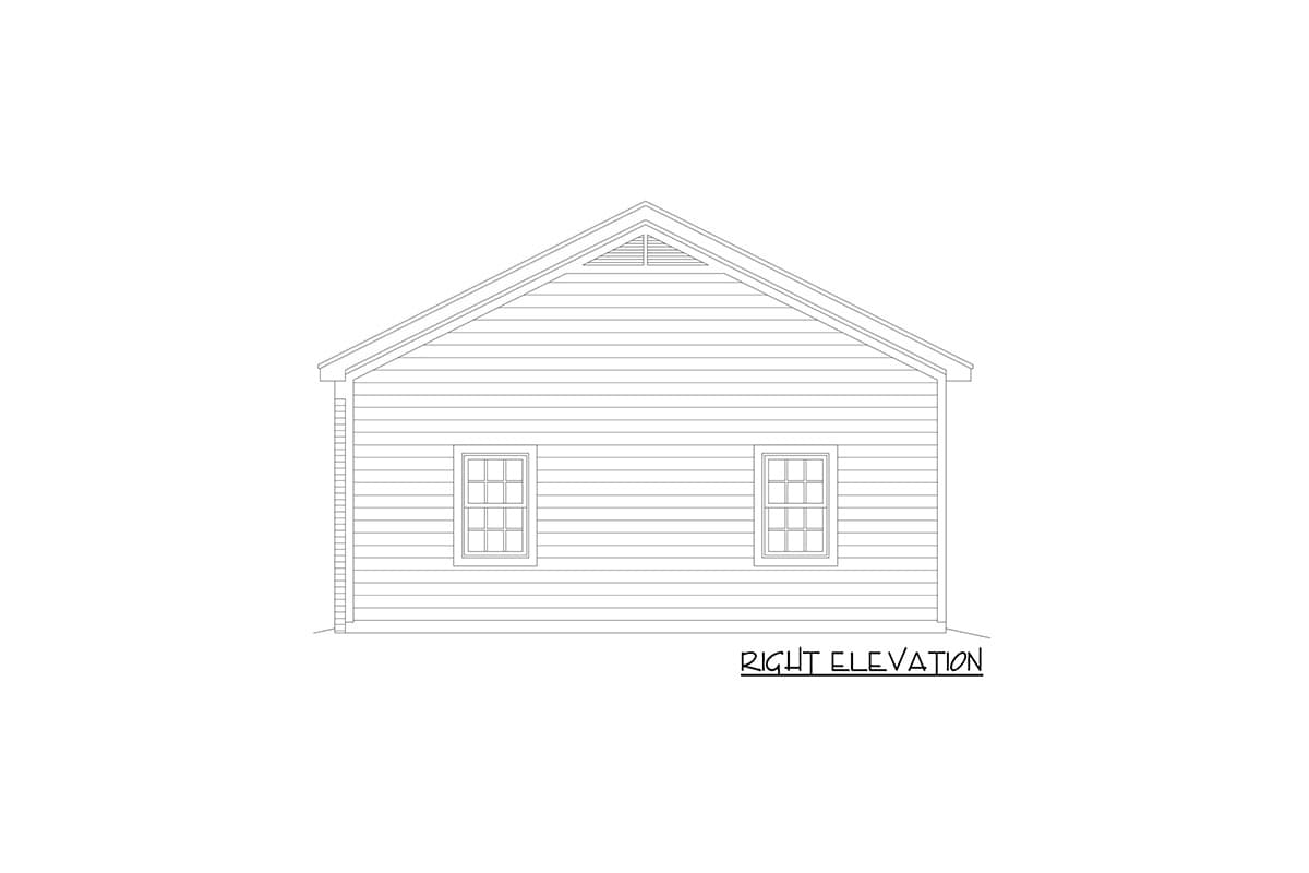 Right elevation drawing of a house plan, featuring horizontal siding, a gable roof with a vent, and two multi-pane windows.