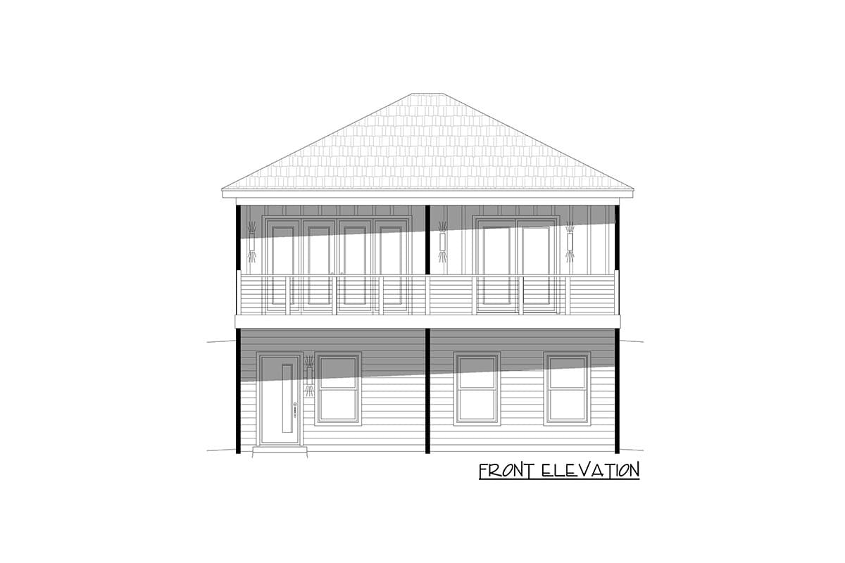 Front elevation drawing of a two-story house plan with a prominent gable roof, balconies on both levels, and a central entrance.