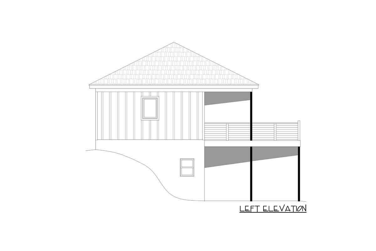Left elevation drawing of a house plan featuring vertical siding, a gable roof, and a two-level deck.
