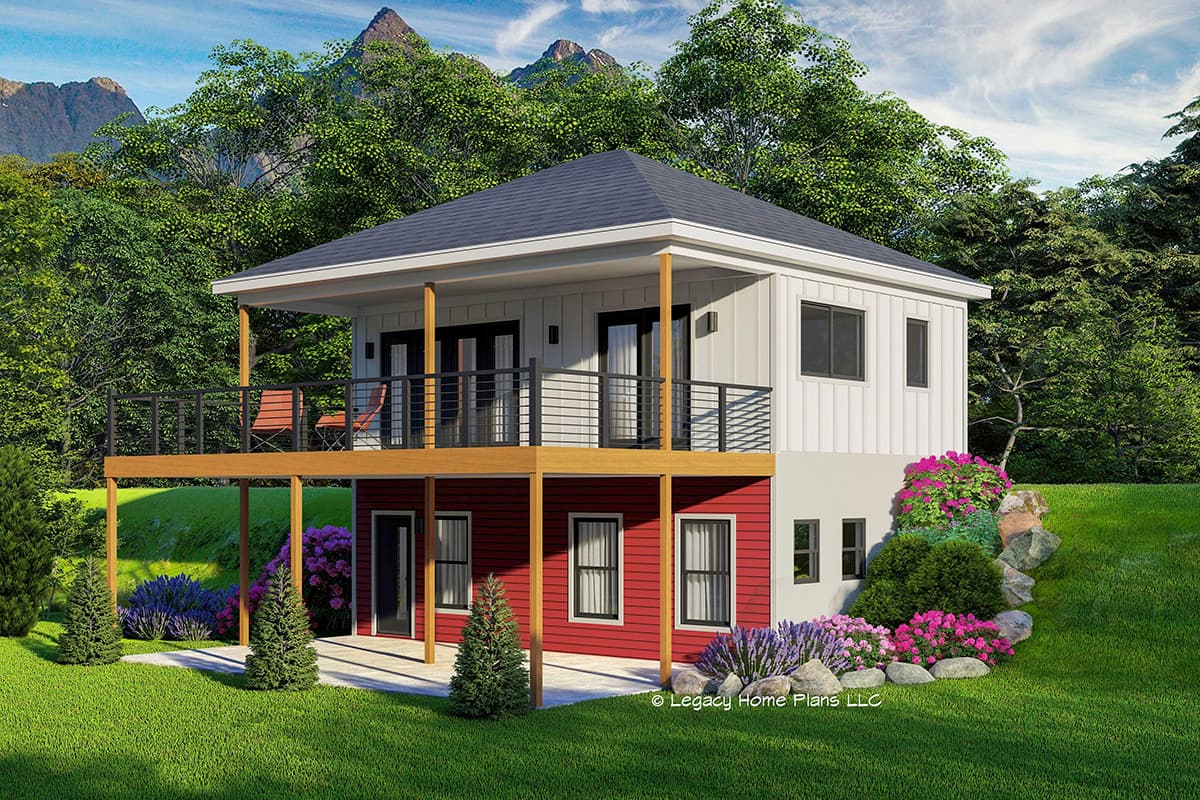 House plan exterior. Two-story Modern house with balcony, flat roof, and vertical siding. Features include a covered porch and simple railings.