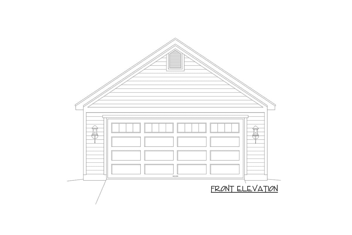 Front elevation drawing of a house featuring a gable roof, siding, a wide garage door with nine window panes, and two wall lanterns.