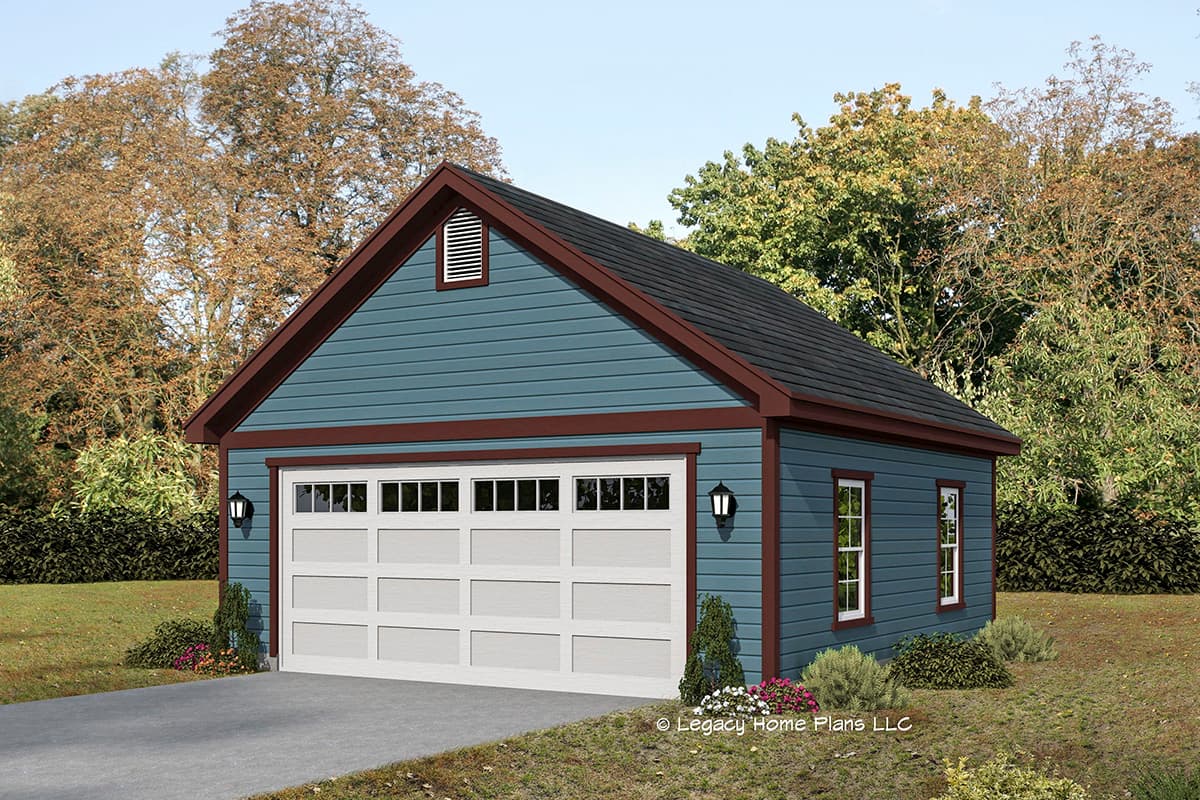 House plan exterior featuring a gabled roof, two windows, and a garage door with multiple panels and divided lights.
