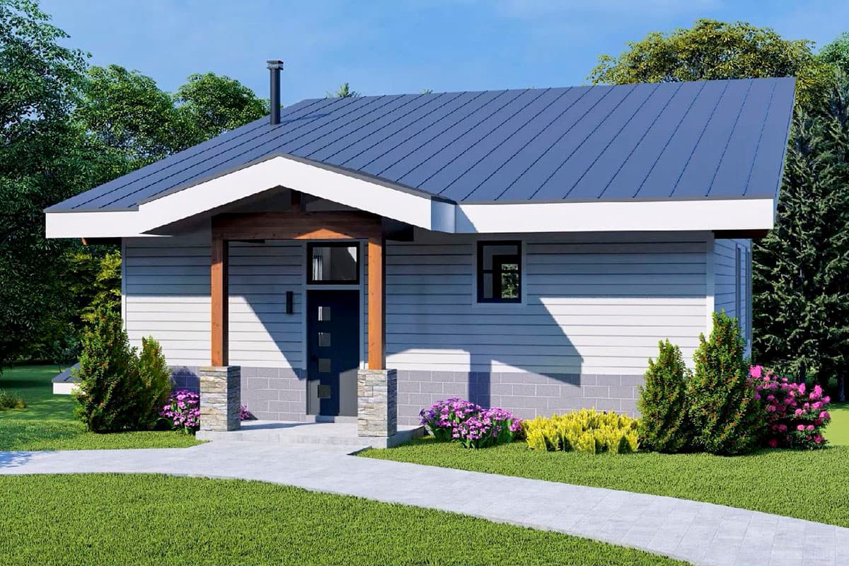 House plan exterior: One-story modern home with metal roof, prominent gabled entryway with timber supports, and horizontal siding.