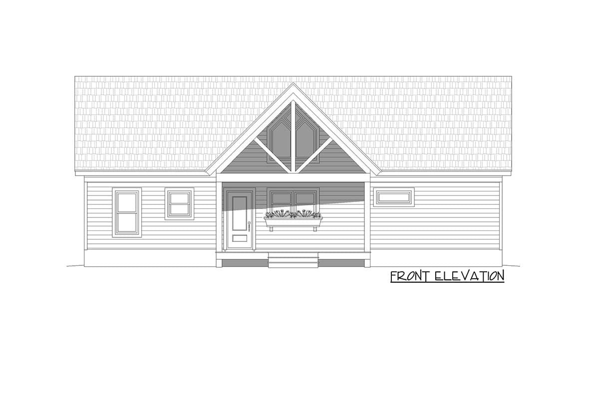 Front elevation drawing of a single-story house with a prominent gable, covered porch with large windows, and double door.