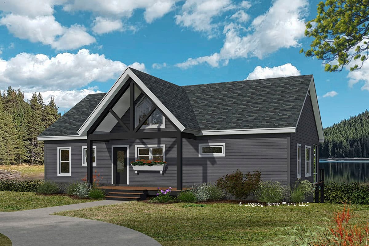 House plan exterior: Modern style, single story, with a prominent gabled entrance, porch, and wide horizontal siding.
