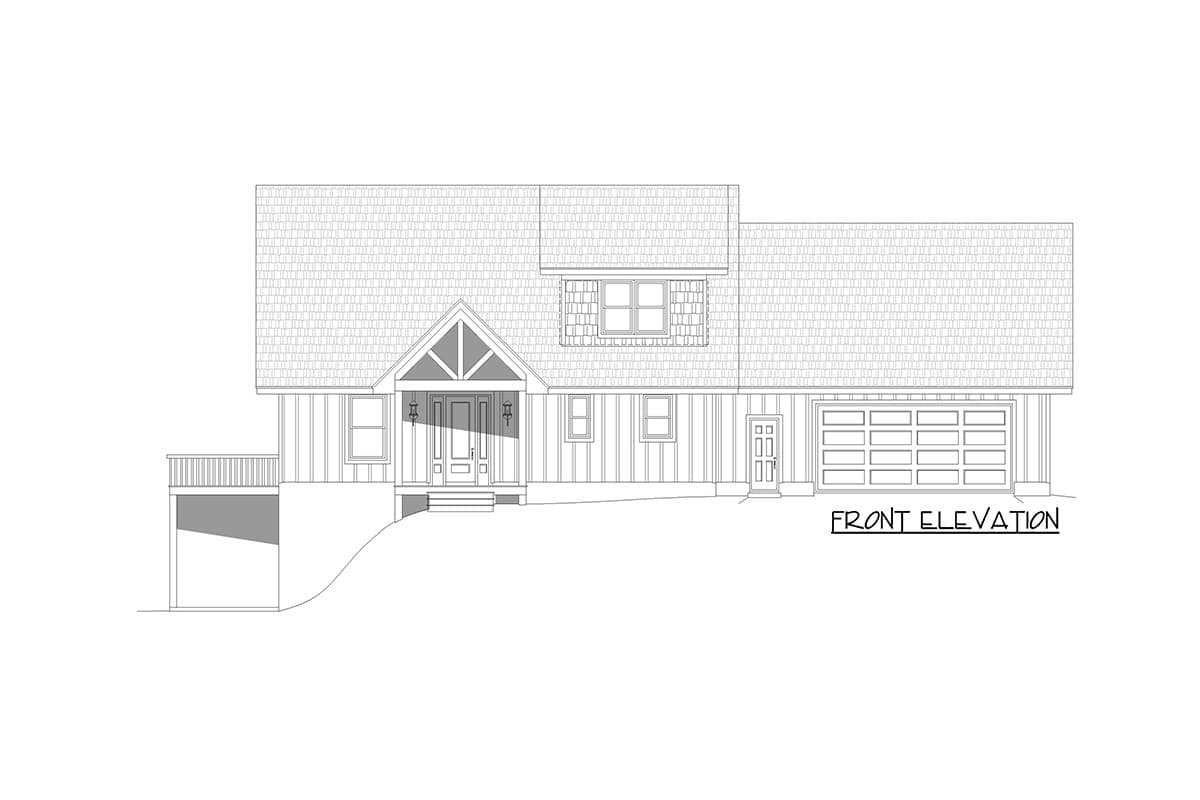 Front elevation drawing of a house plan featuring a prominent gable over the entry, a dormer, and an attached two-car garage.