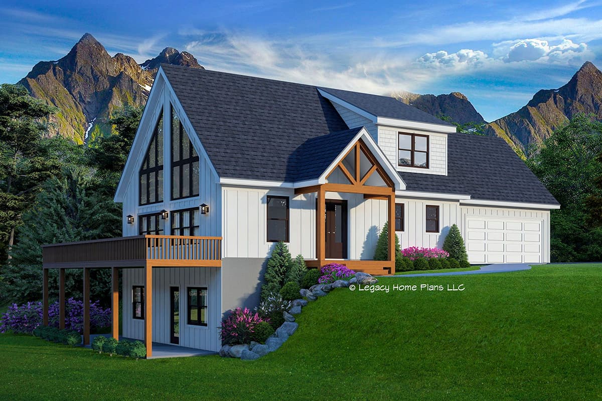 House plan exterior of a two-story modern farmhouse with a prominent gable end, deck, and attached garage.