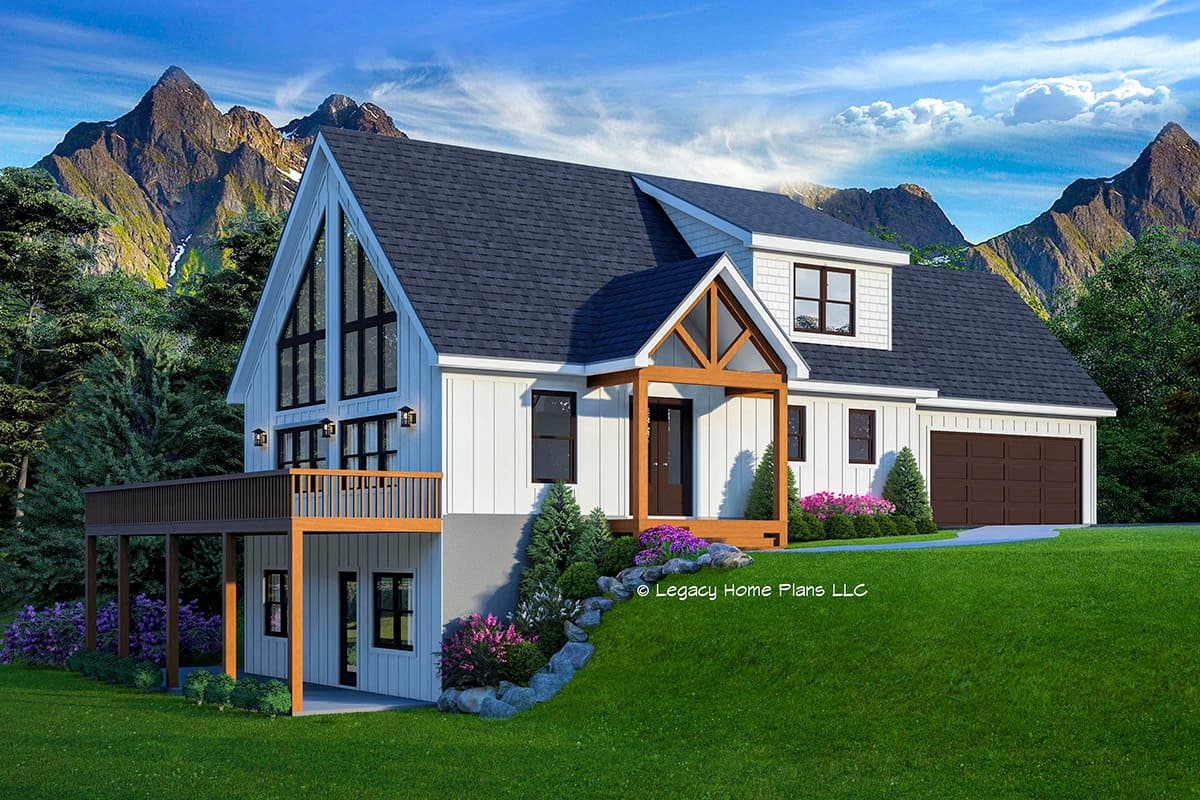 House plan exterior. Two-story Modern Farmhouse with a gable roof, timber-framed porch, and a full-height window wall. Includes attached garage.