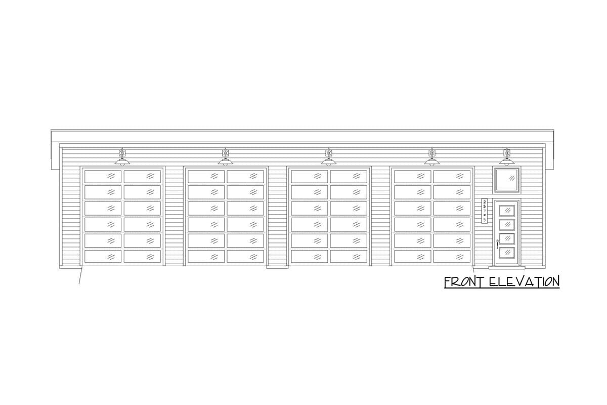 Front elevation drawing of a house with three garage doors and a single entry door.