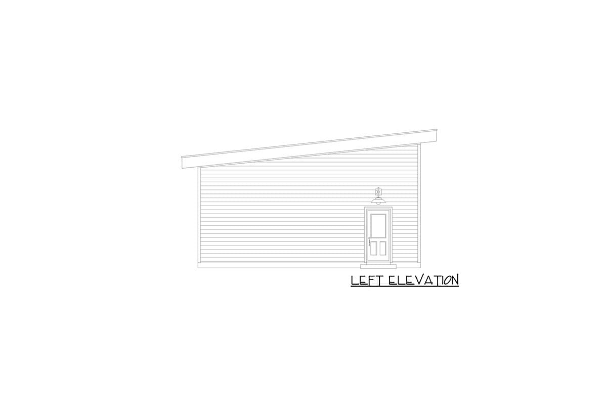 Floor plan drawing, left elevation view showing horizontal siding, a single door, and a sloped roof.