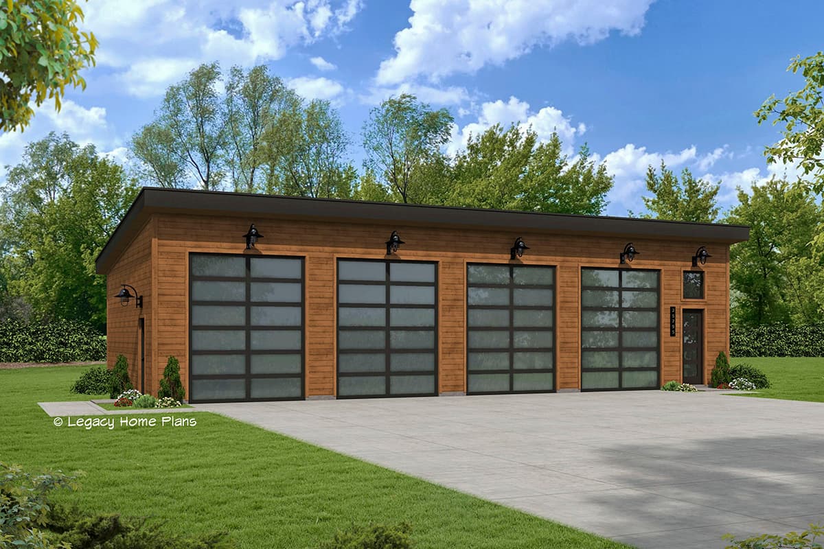 House plan exterior with modern design. Features include four glass panel garage doors, horizontal wood siding, and a flat roofline.
