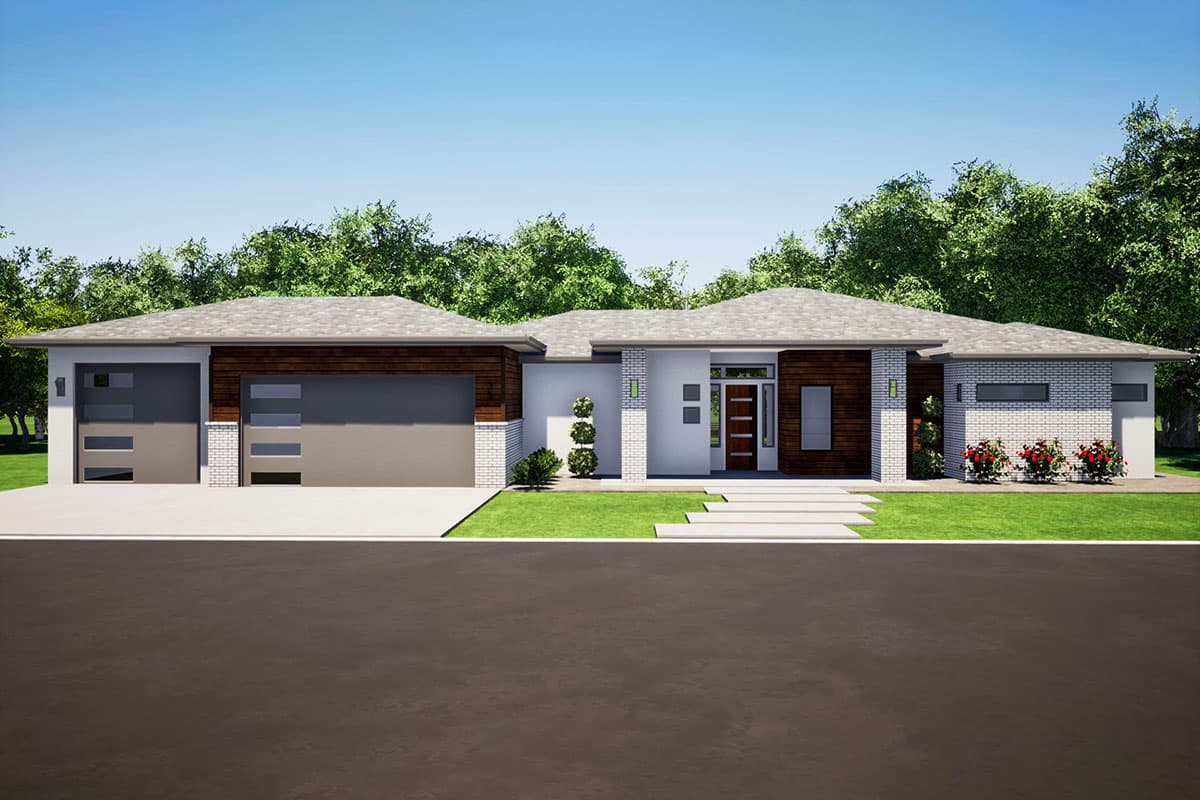 House plan exterior. Single-story contemporary home with low-slope roof, two-car garage, and a wood-paneled accent wall.
