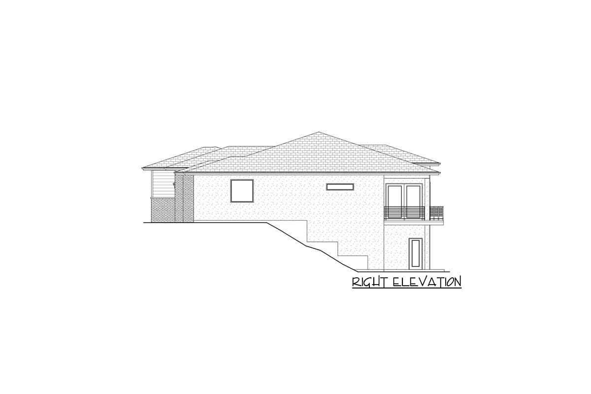 Right elevation house plan drawing shows a multi-level home with pitched roofs, brick and siding, and a balcony.