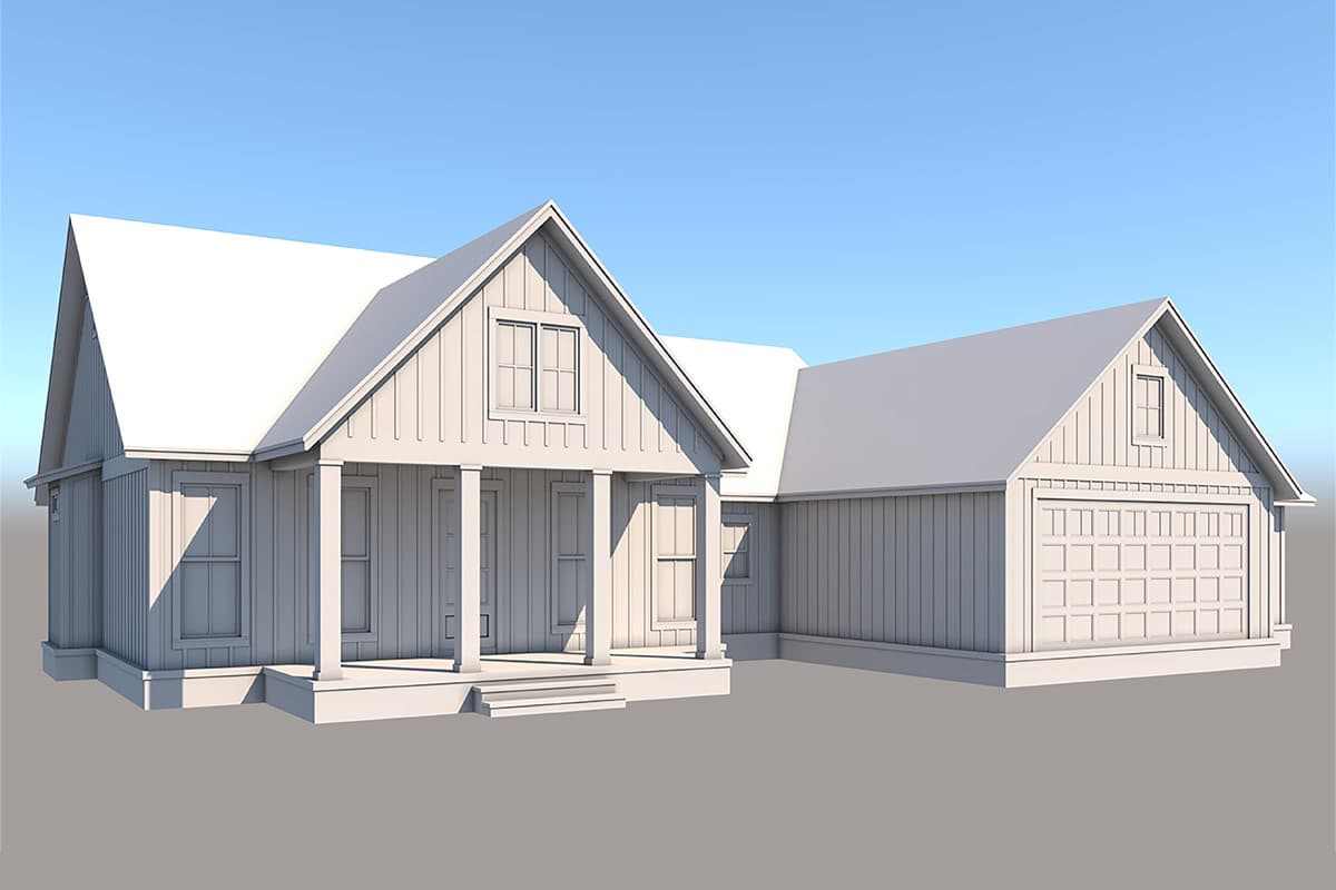 House plan exterior: one-story modern farmhouse with covered front porch, vertical siding, gabled roof, and attached garage.