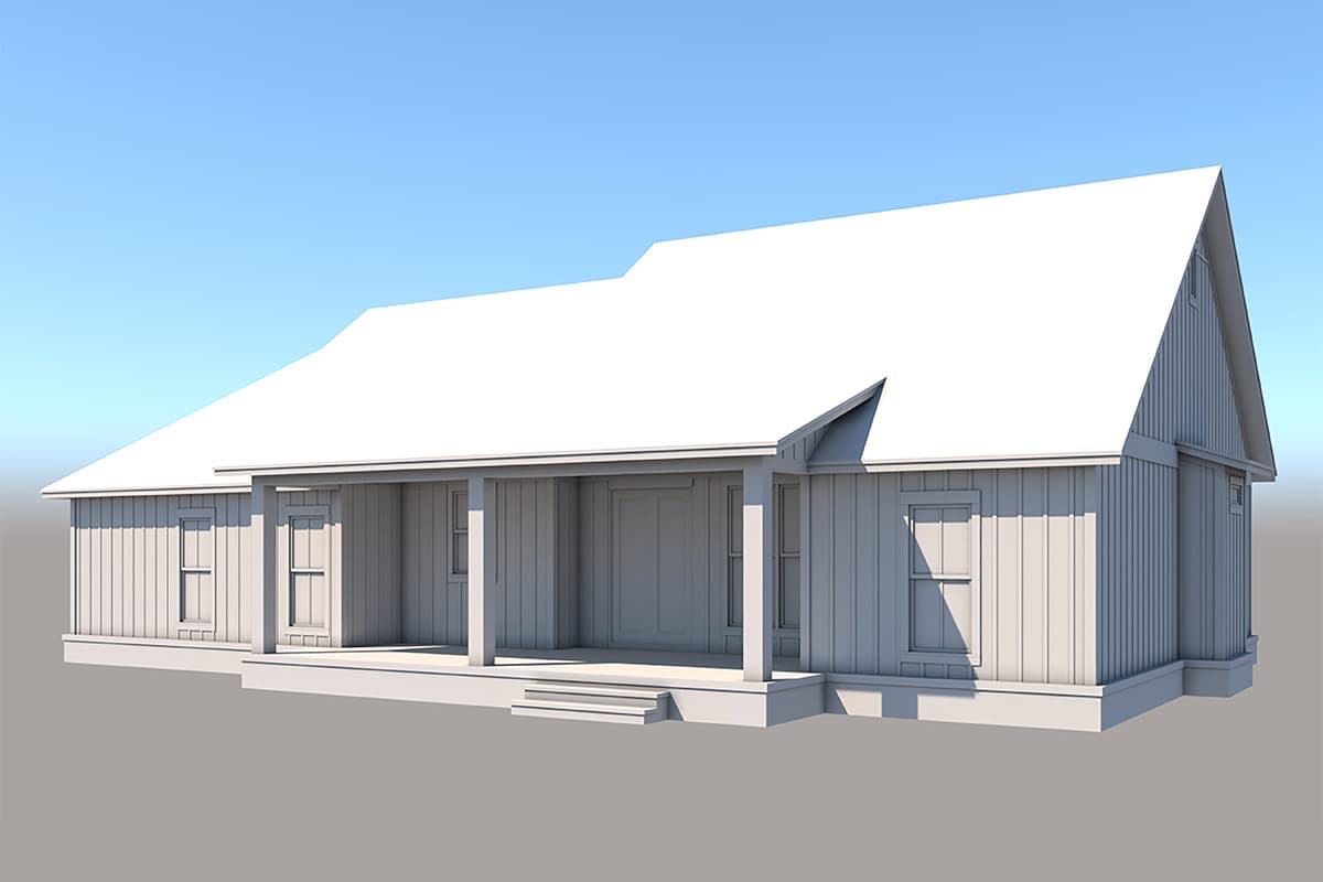 House plan exterior: One-story Modern Farmhouse with a large covered front porch, board and batten siding, and a gable roof.