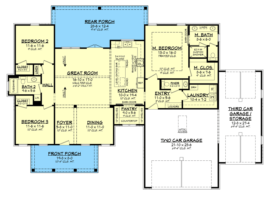 Plan 51925HZ: Single Story Country Farmhouse Plan with 3-Beds and an Expanded Garage - 1797 Sq Ft - Floor Plan - Main Level - Cottage, Country, Farmhouse, Modern Farmhouse, Ranch, Traditional