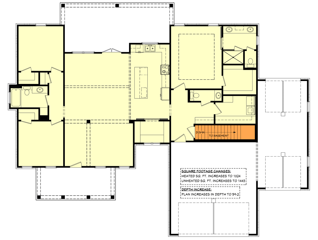 Plan 51925HZ: Single Story Country Farmhouse Plan with 3-Beds and an Expanded Garage - 1797 Sq Ft - Floor Plan - Main Level - Basement Stair Location - Cottage, Country, Farmhouse, Modern Farmhouse, Ranch, Traditional