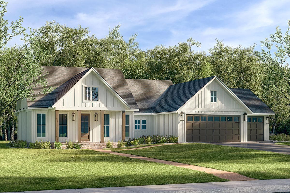 House plan exterior. Modern Farmhouse style with two stories, gabled roof, front porch with columns, and attached garage with gables.