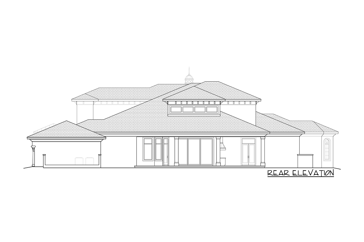 Rear elevation drawing of a house plan showing multiple rooflines, a garage, large windows, and double doors.