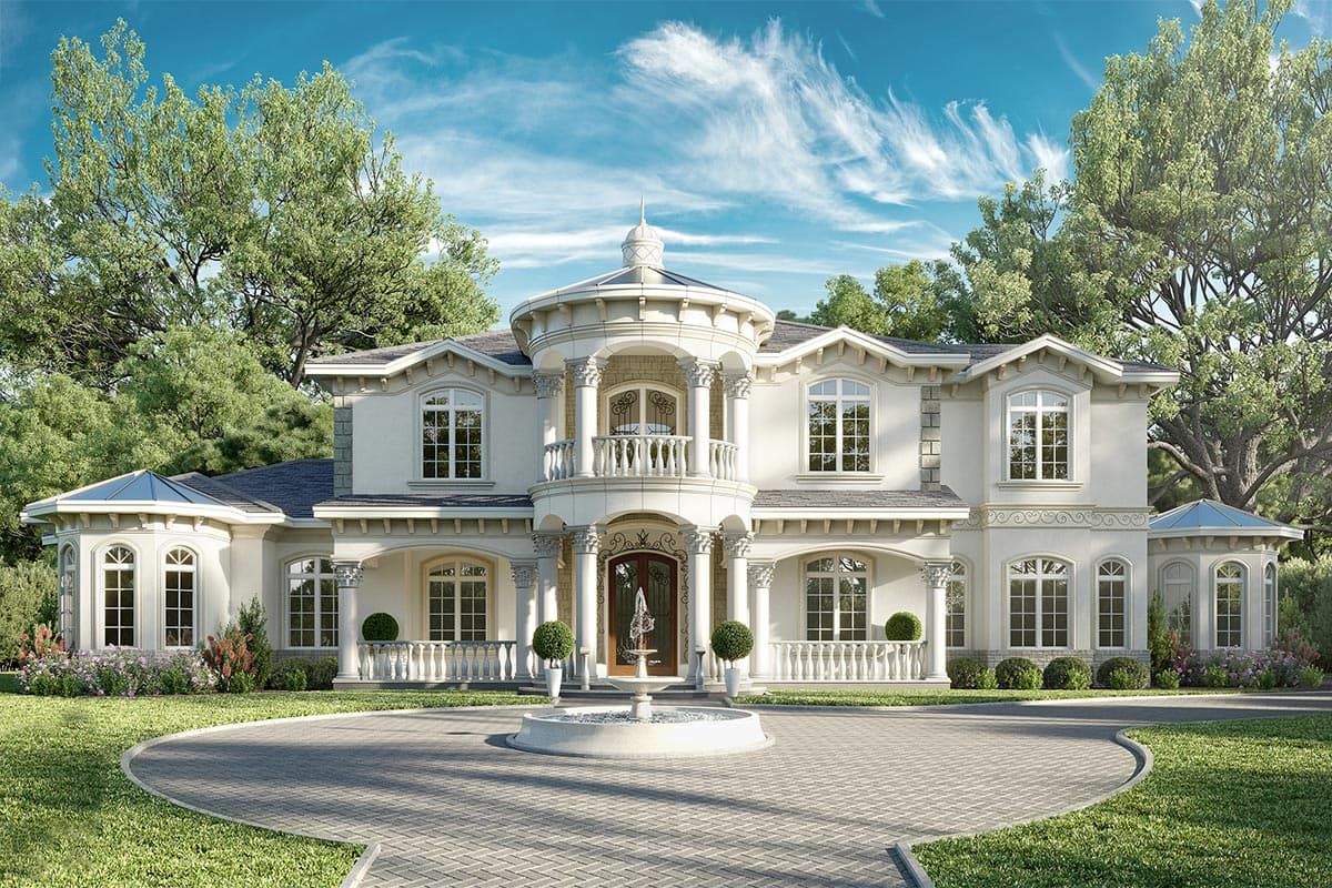 House plan exterior, two-story house in a Classical style. Features include a rotunda balcony, dormers, and a prominent front entrance with columns.