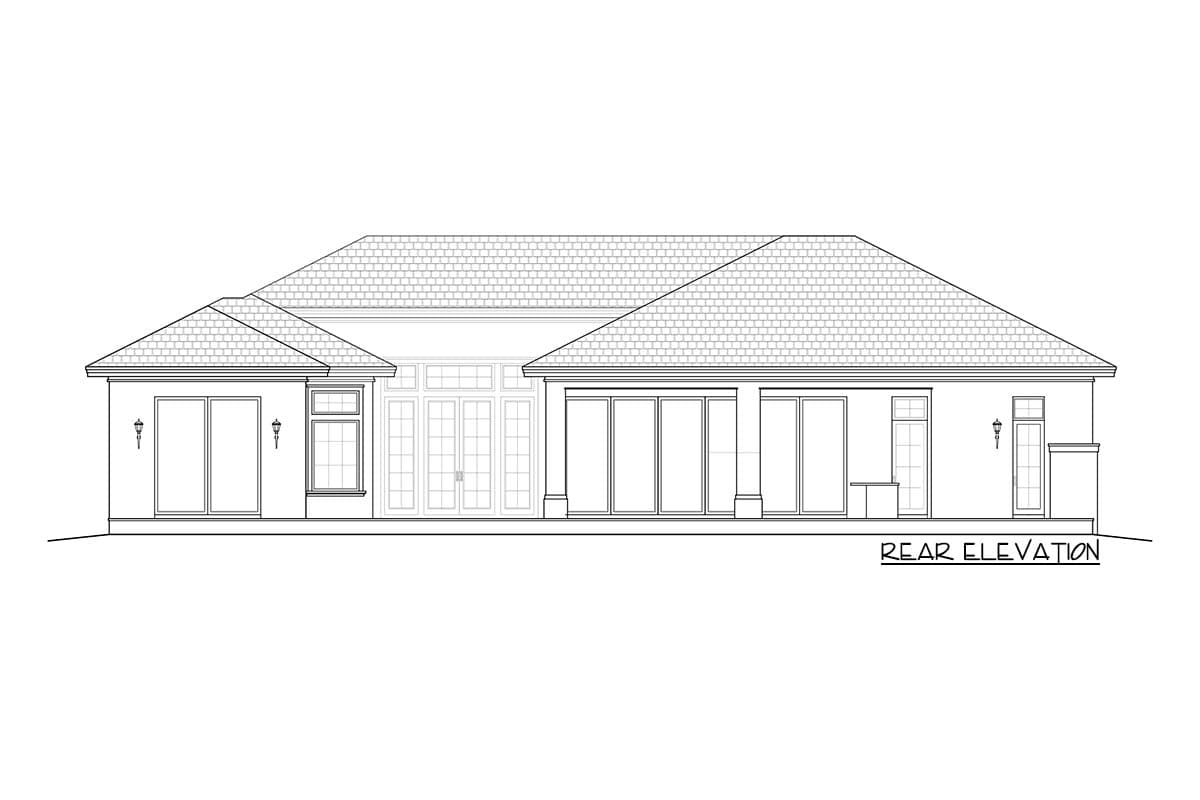 Rear elevation drawing of a one-story house with a hip roof, multiple glass doors, and a central bay window.