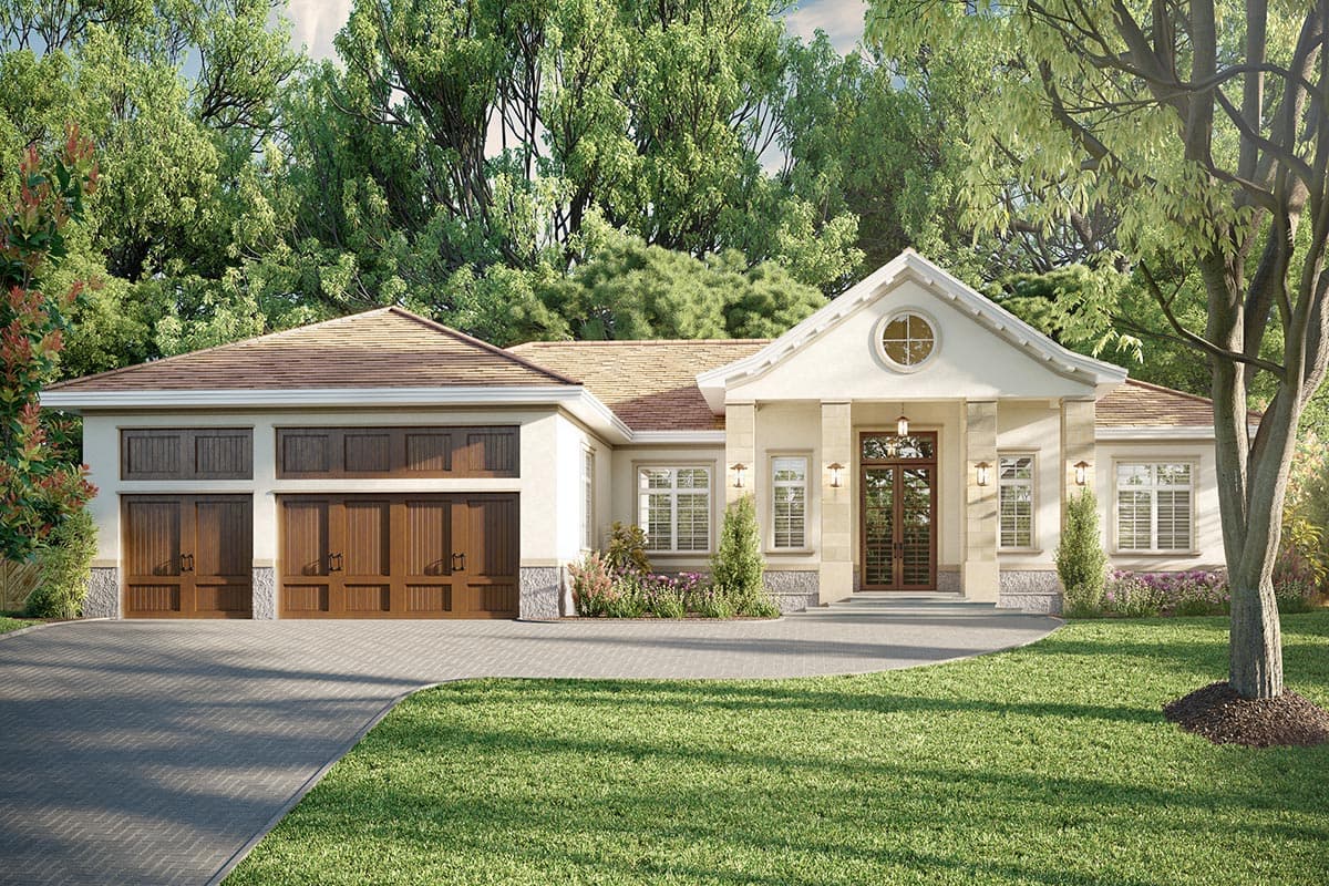 House plan exterior. Single-story with a gable roof, round window, and a three-car garage with carriage-style doors.