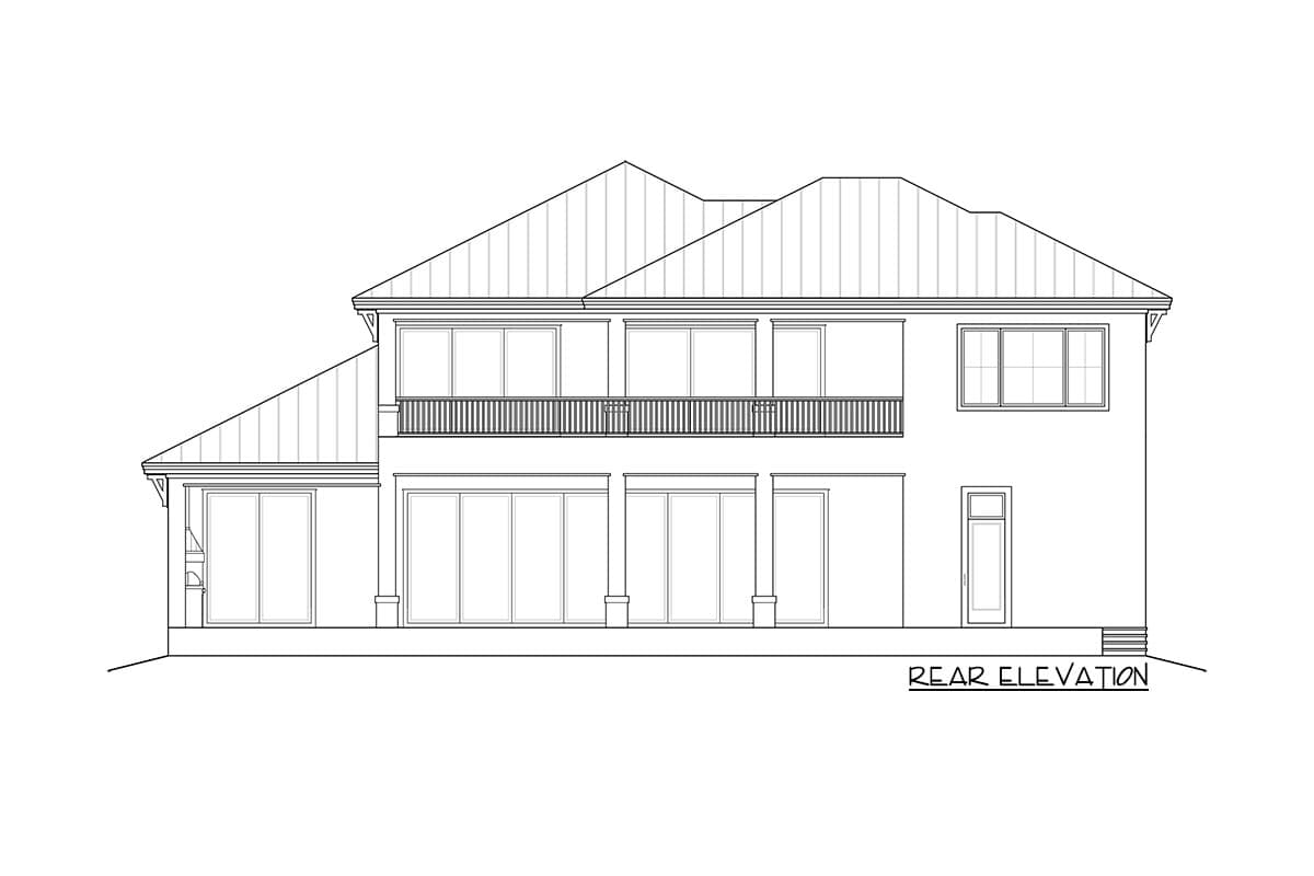 Rear elevation house plan with two stories, large windows, a second-story balcony, and sliding glass doors.