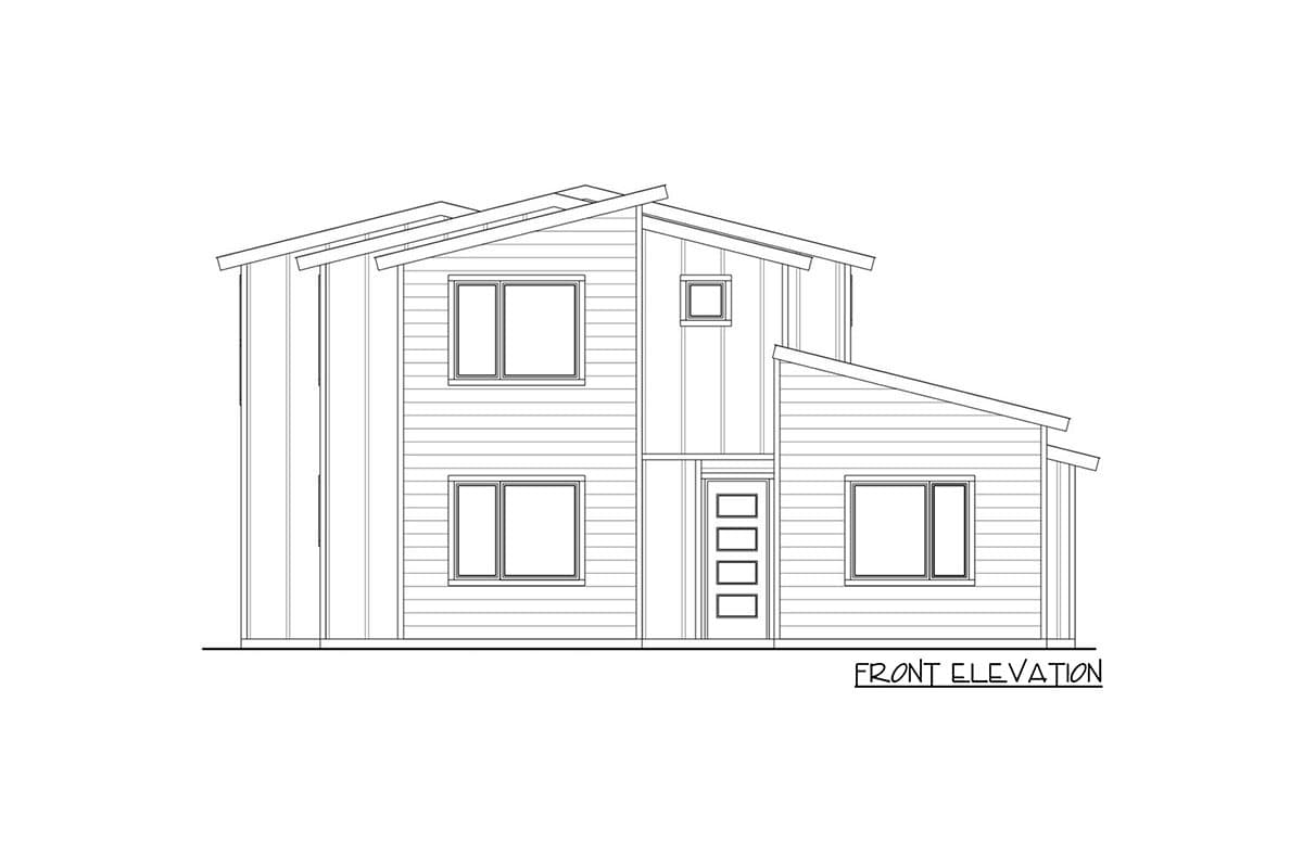 Front elevation drawing of a two-story house with modern rooflines, horizontal siding, and multiple windows.