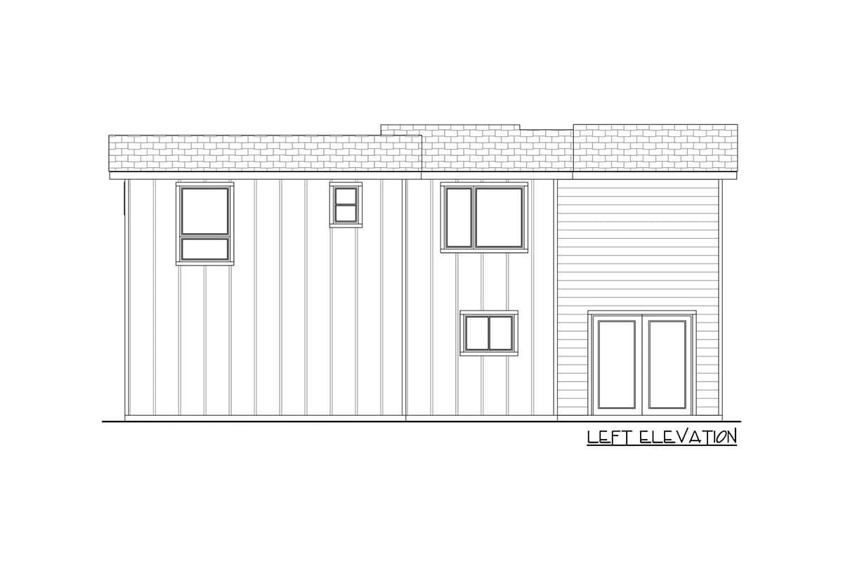 Left elevation drawing shows a two-story house with vertical siding, horizontal siding, multiple windows, and double doors.