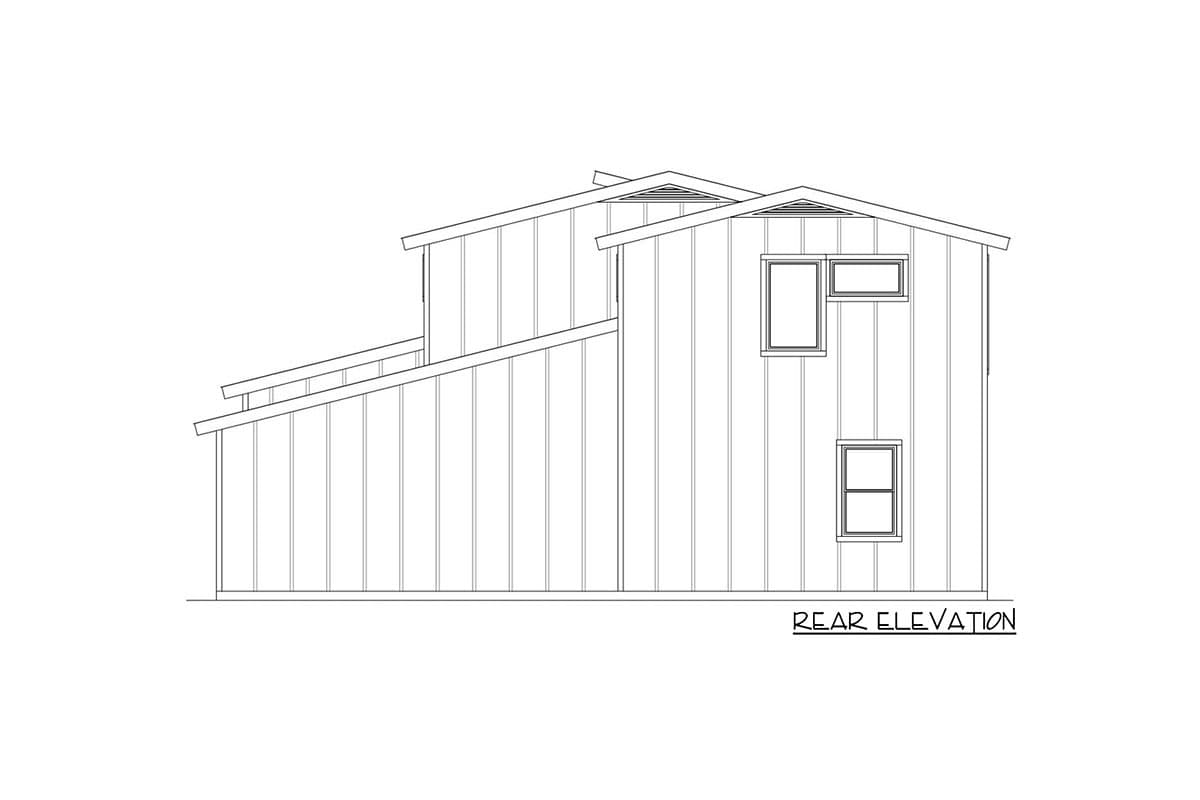 Rear elevation drawing of a house plan showing a multi-level roofline with vertical siding and two windows.
