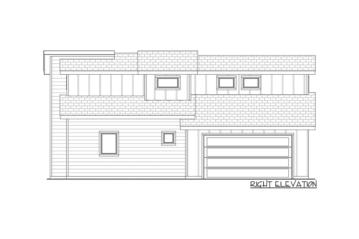 Modern house plan right elevation drawing with layered rooflines, horizontal siding, and a multi-panel garage door.