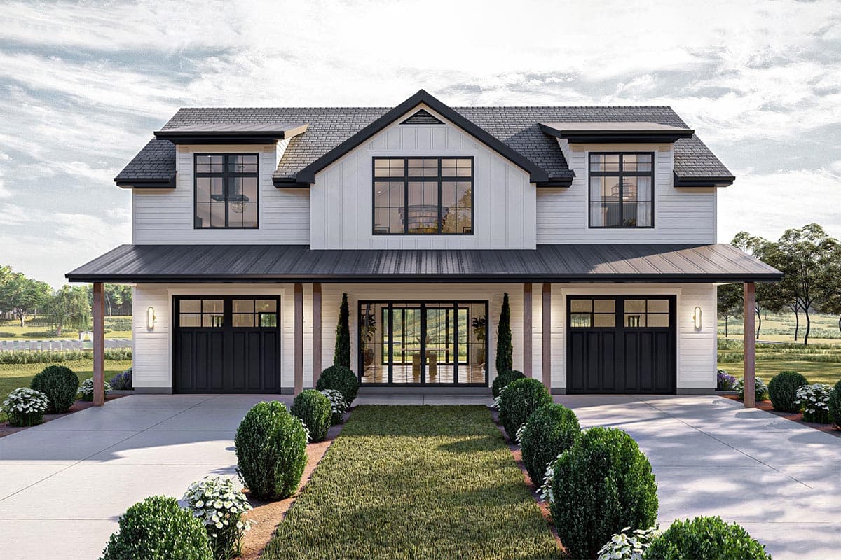 House plan exterior featuring a two-story Modern Farmhouse design with a covered porch, gabled roof, and multiple dormers with dark-framed windows.