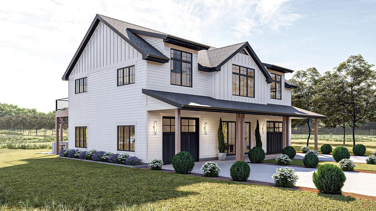 Modern Farmhouse house plan exterior: two stories, white board-and-batten siding, dark gables, covered porch, and attached garage.