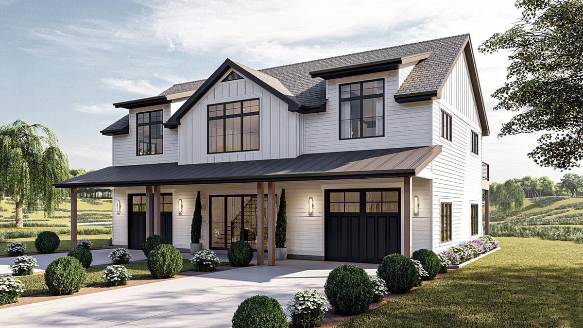 House plan exterior: Modern Farmhouse style, two stories, with a wrap-around porch, gables, and a double garage.