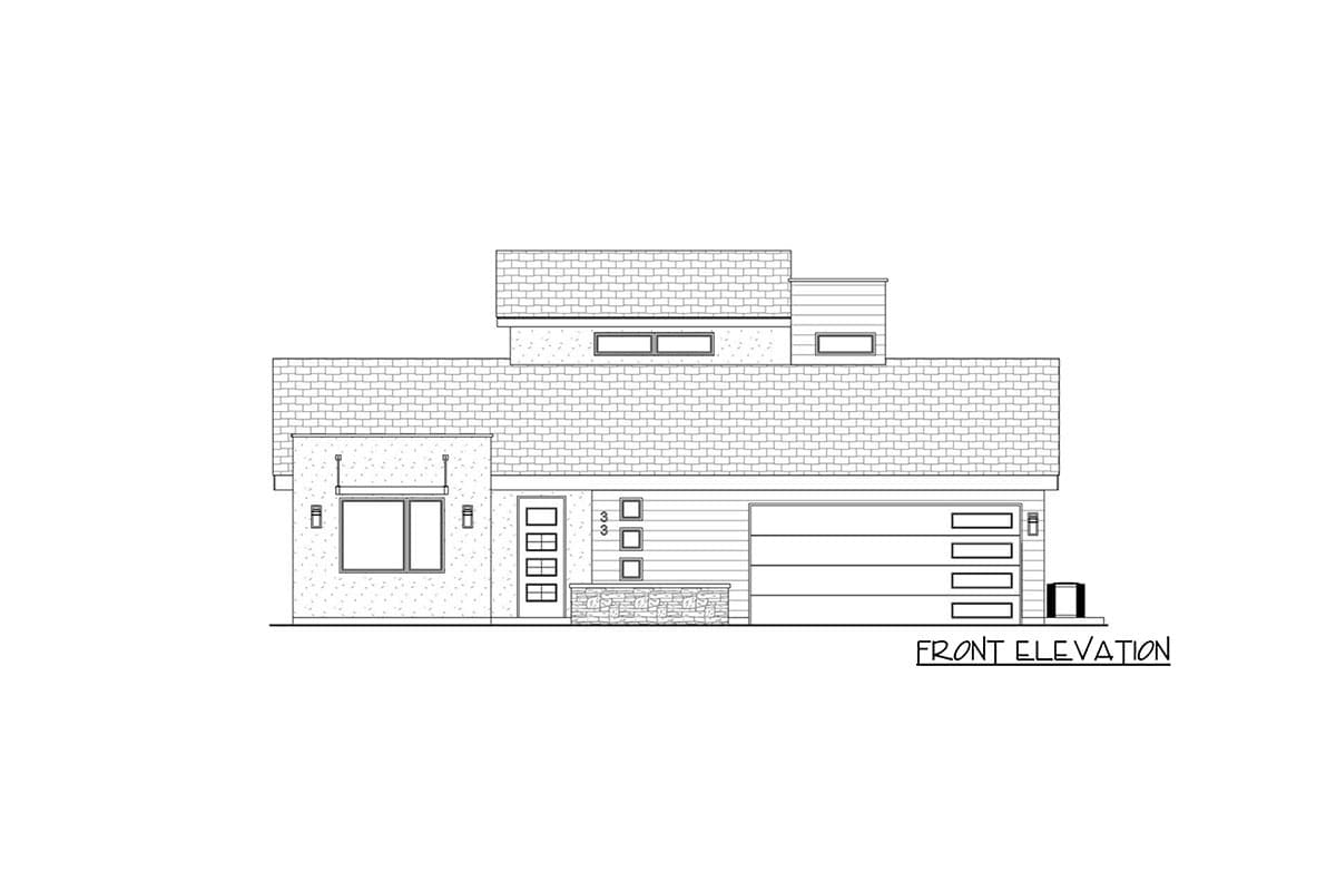 Front elevation drawing of a modern two-story house with a pitched roof, horizontal siding, large garage door, and entry.