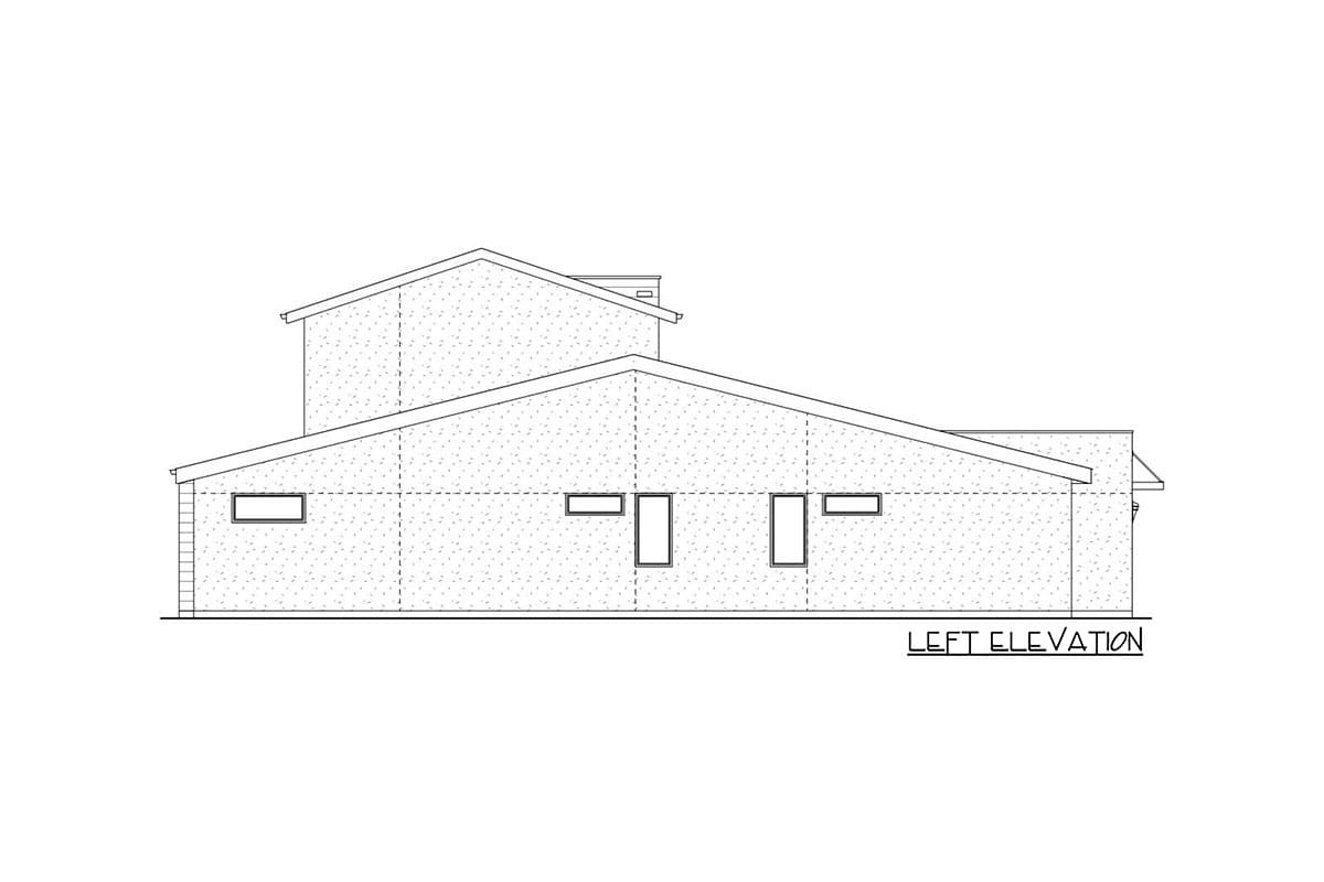 Left elevation drawing of a modern house plan with a prominent asymmetrical roofline and multiple rectangular windows.
