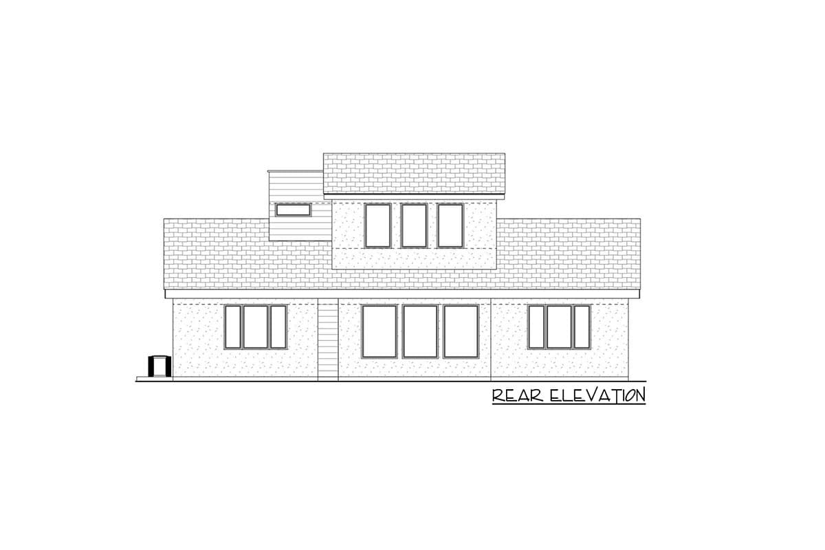 Rear elevation house plan: two stories, brick exterior, multiple gabled rooflines, and numerous windows.