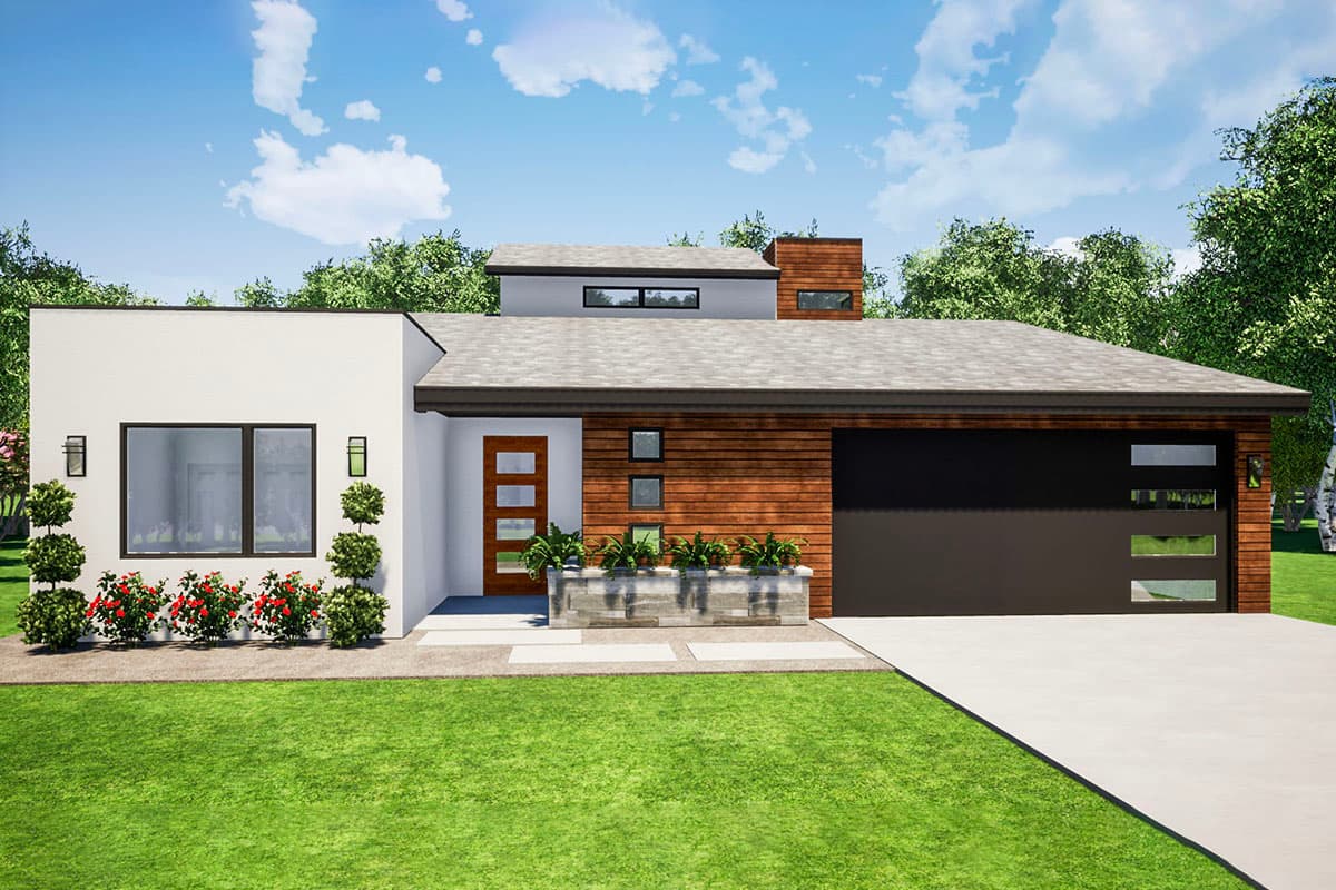 House plan exterior. Modern style, one story, featuring a flat roof, wood siding, and a two-car garage. Entry features a modern front door.