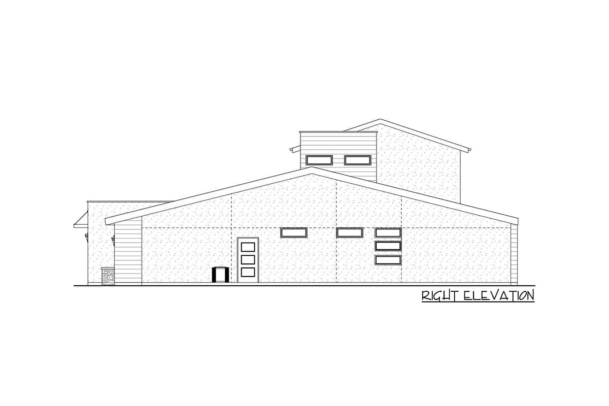 Right elevation of a house plan, showing a single story with a hipped roofline, horizontal siding, and multiple rectangular windows.