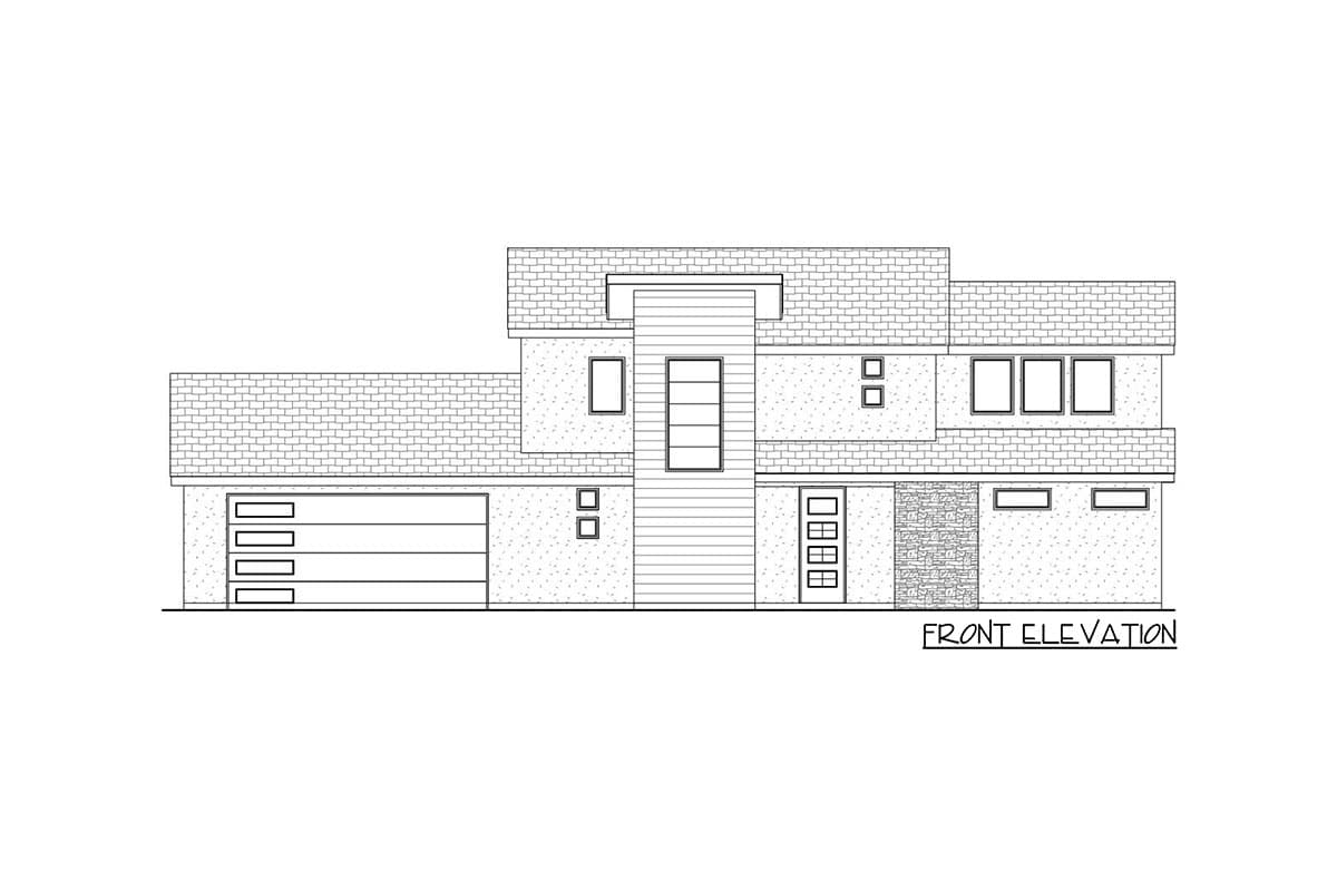 Front elevation drawing of a two-story modern house plan with a multi-paneled garage door and multiple window arrangements.