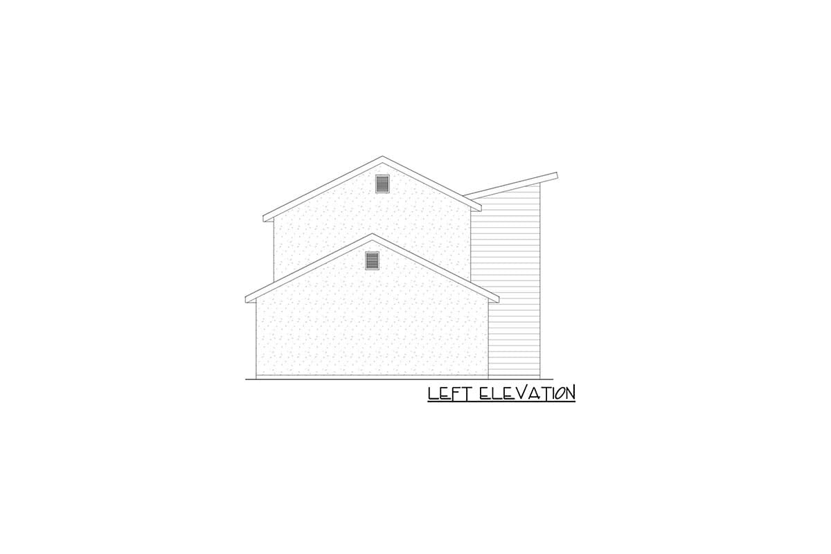 Left elevation drawing of a two-story house plan with gabled roofs and horizontal siding on one section.