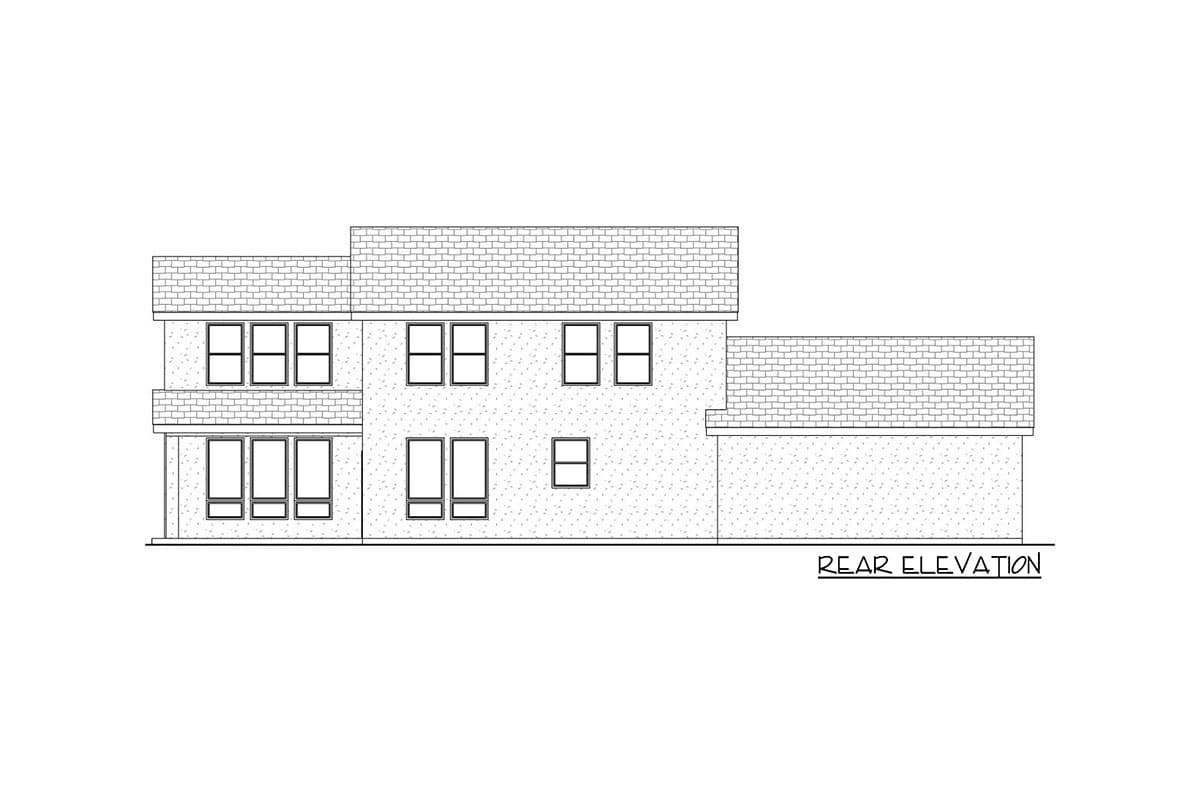 Rear elevation drawing of a two-story house plan with multiple windows and a layered roof.