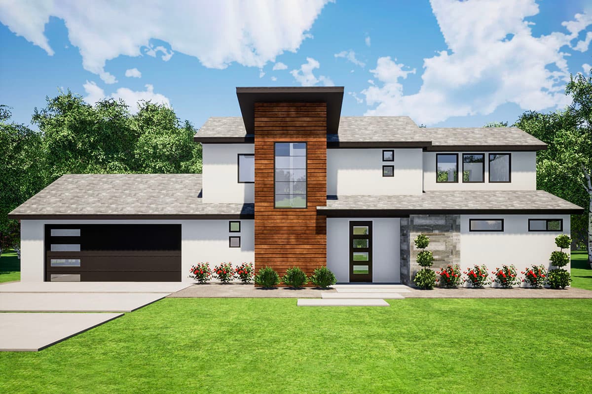 Modern house plan exterior. Two-story with flat roof, wood-clad entry feature, and attached garage. Includes several rectangular windows.