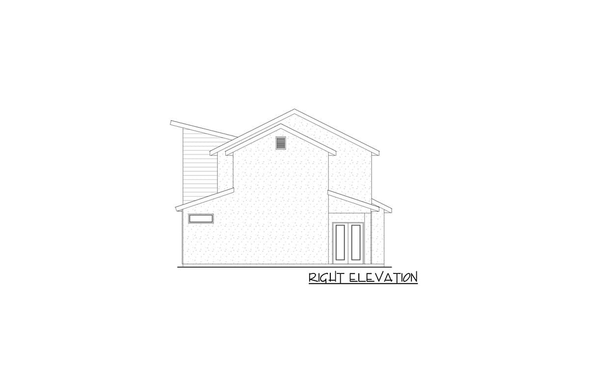 Right elevation drawing of a two-story house plan with a gable roof, double doors, and horizontal siding accent.