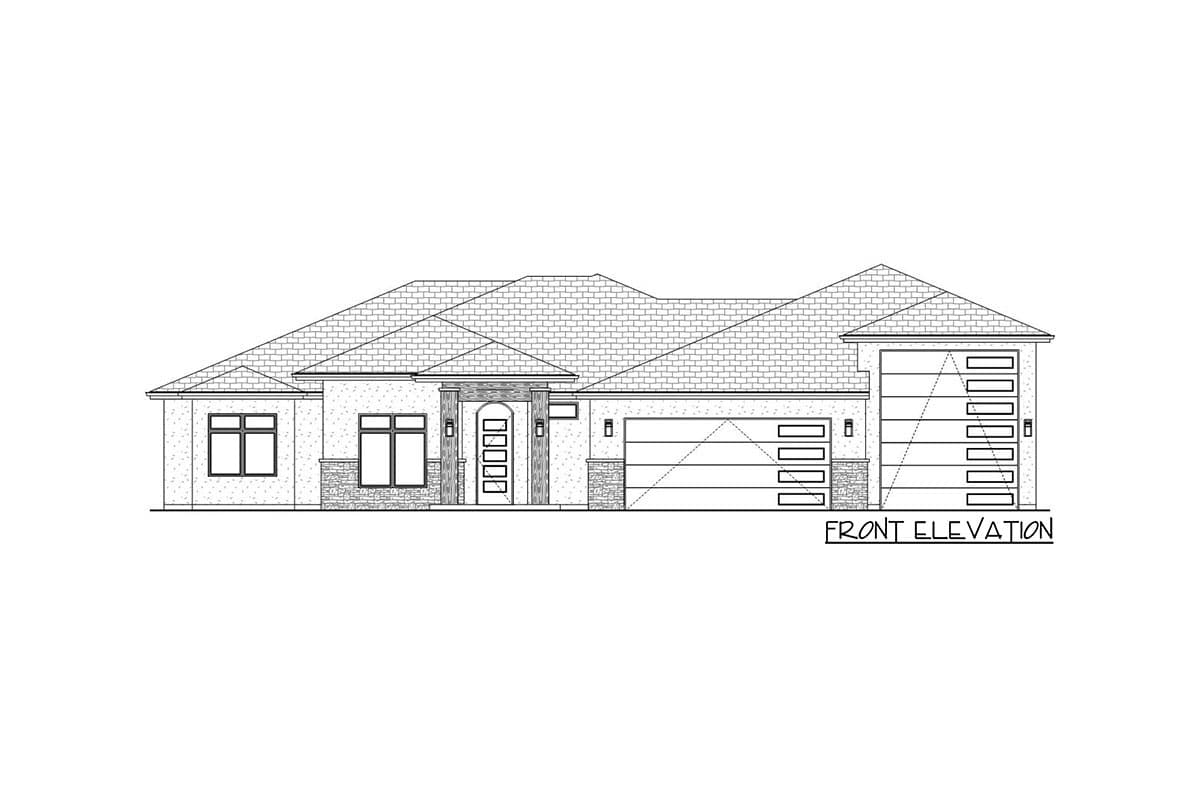Front elevation drawing of a single-story house with a pitched roof, stone accents, multiple windows, and a two-car garage.